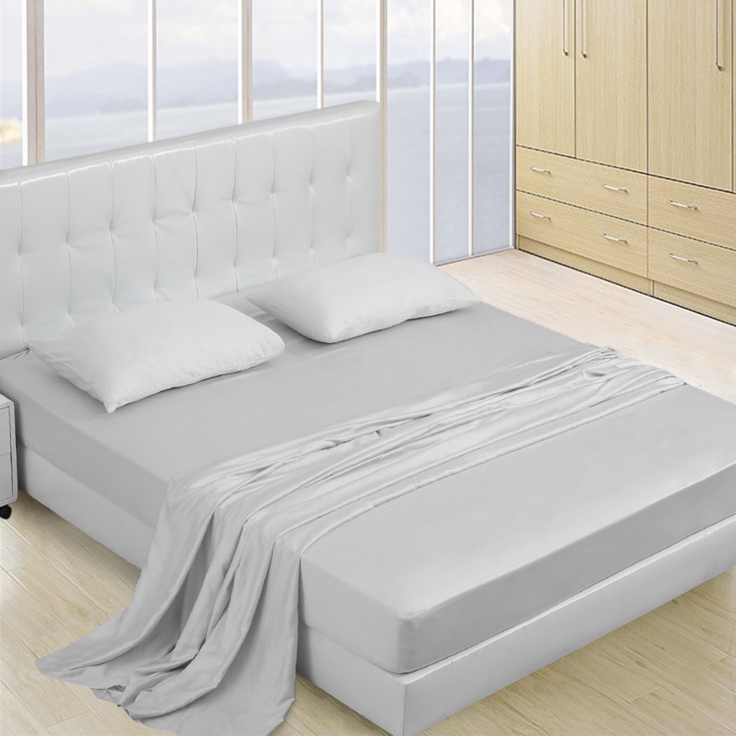 DreamZ 4 Pcs Natural Bamboo Cotton Bed Sheet Set in Double Grey, featuring a fitted sheet, flat sheet, and two cuffed pillowcases.