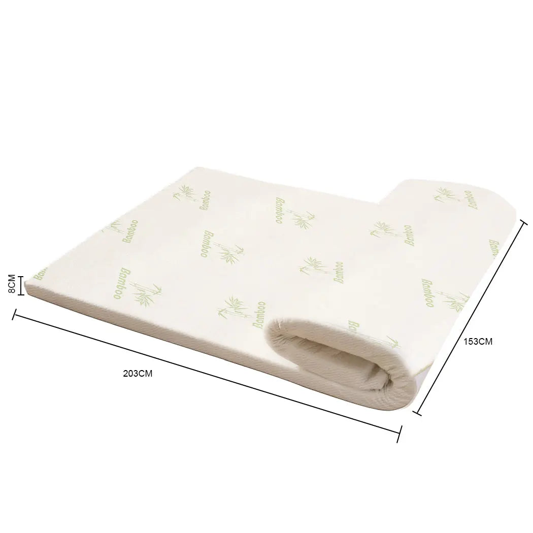 DreamZ 8cm Cool Gel Memory Foam Mattress Topper with bamboo cover, showcasing its plush design and high-density foam.