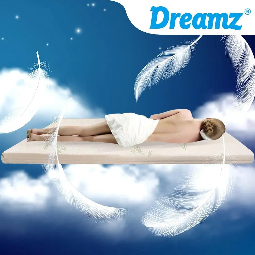 DreamZ 8cm Cool Gel Memory Foam Mattress Topper with bamboo cover, showcasing its plush design and high-density foam.