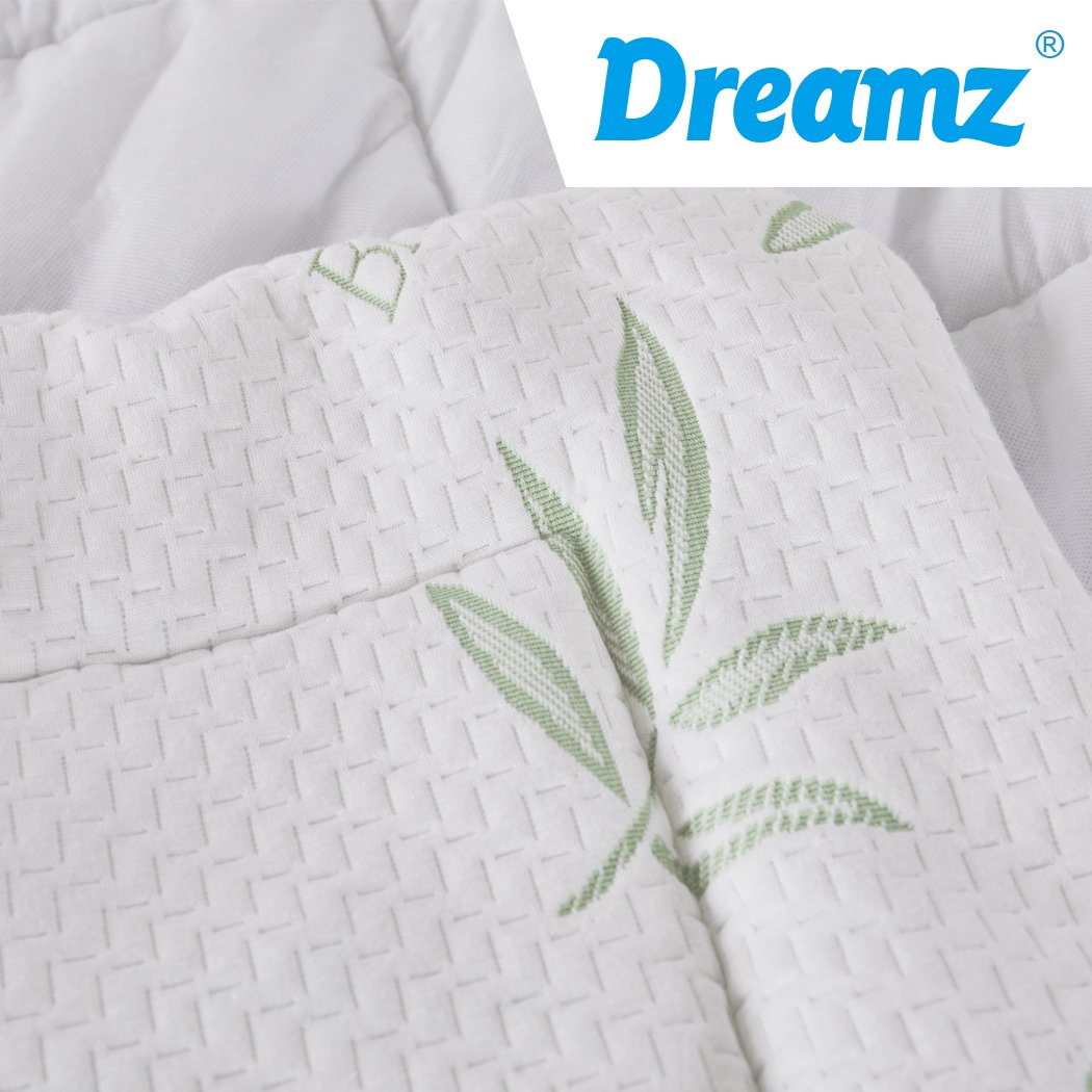 Dreamz Bamboo Pillowtop Mattress Topper Protector in white, showcasing its plush and fluffy texture, designed for comfort and cooling.