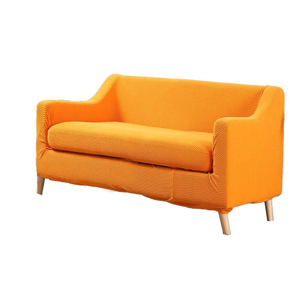 DreamZ Couch Sofa Seat Covers in vibrant orange, designed for 2-seater sofas, showcasing stretchable fabric and well-stitched edges.