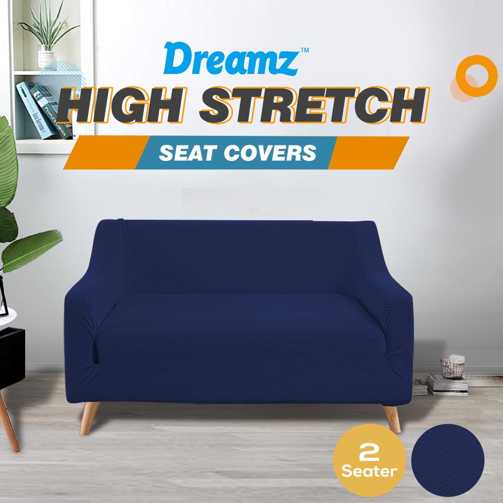 DreamZ Couch Stretch Sofa Lounge Cover Protector Slipcover for 2-seater, navy color, showcasing its stretchable fabric and well-stitched edges.