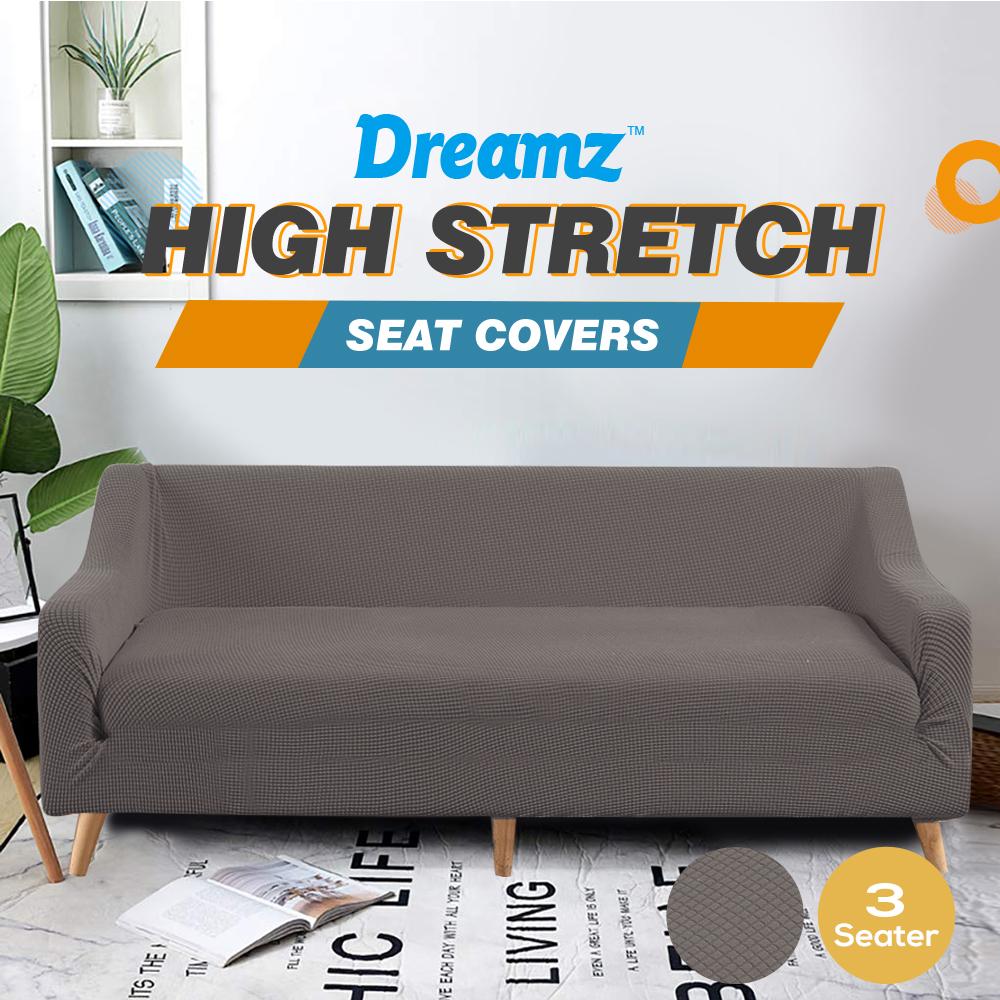 DreamZ Couch Stretch Sofa Lounge Cover Protector Slipcover in chocolate color, designed for 3-seater sofas, showcasing its stretchable and durable fabric.