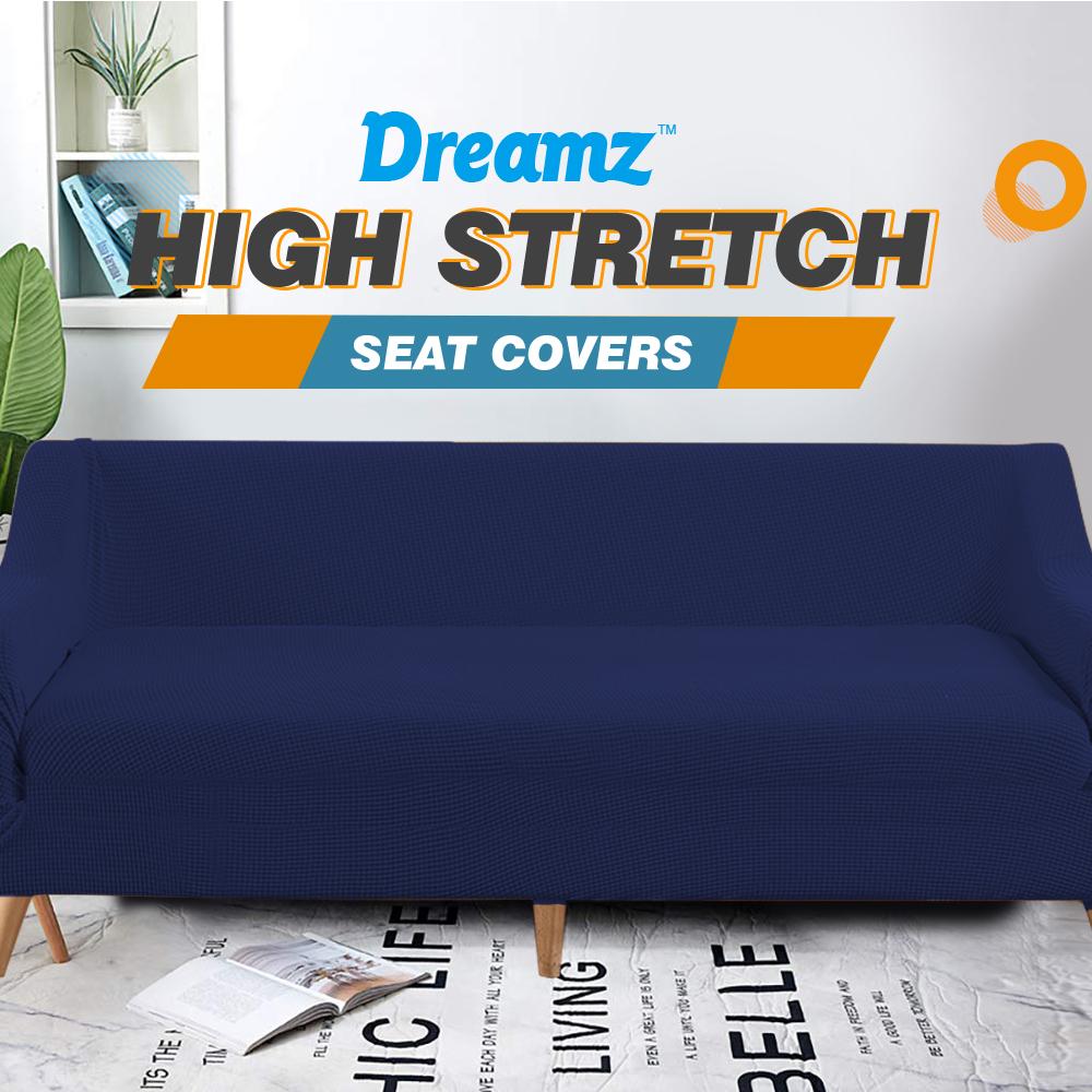 DreamZ Couch Stretch Sofa Lounge Cover Protector Slipcover in navy, designed for 4-seater sofas, showcasing its high stretch material and well-stitched edges.