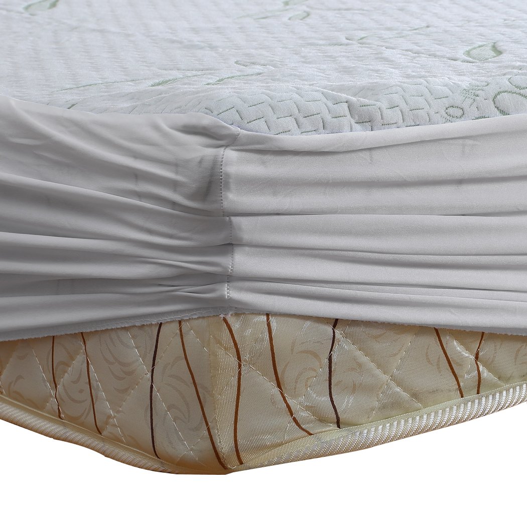 DreamZ King Single Fully Fitted Waterproof Breathable Bamboo Mattress Protector in white, showcasing its soft texture and elastic edges.