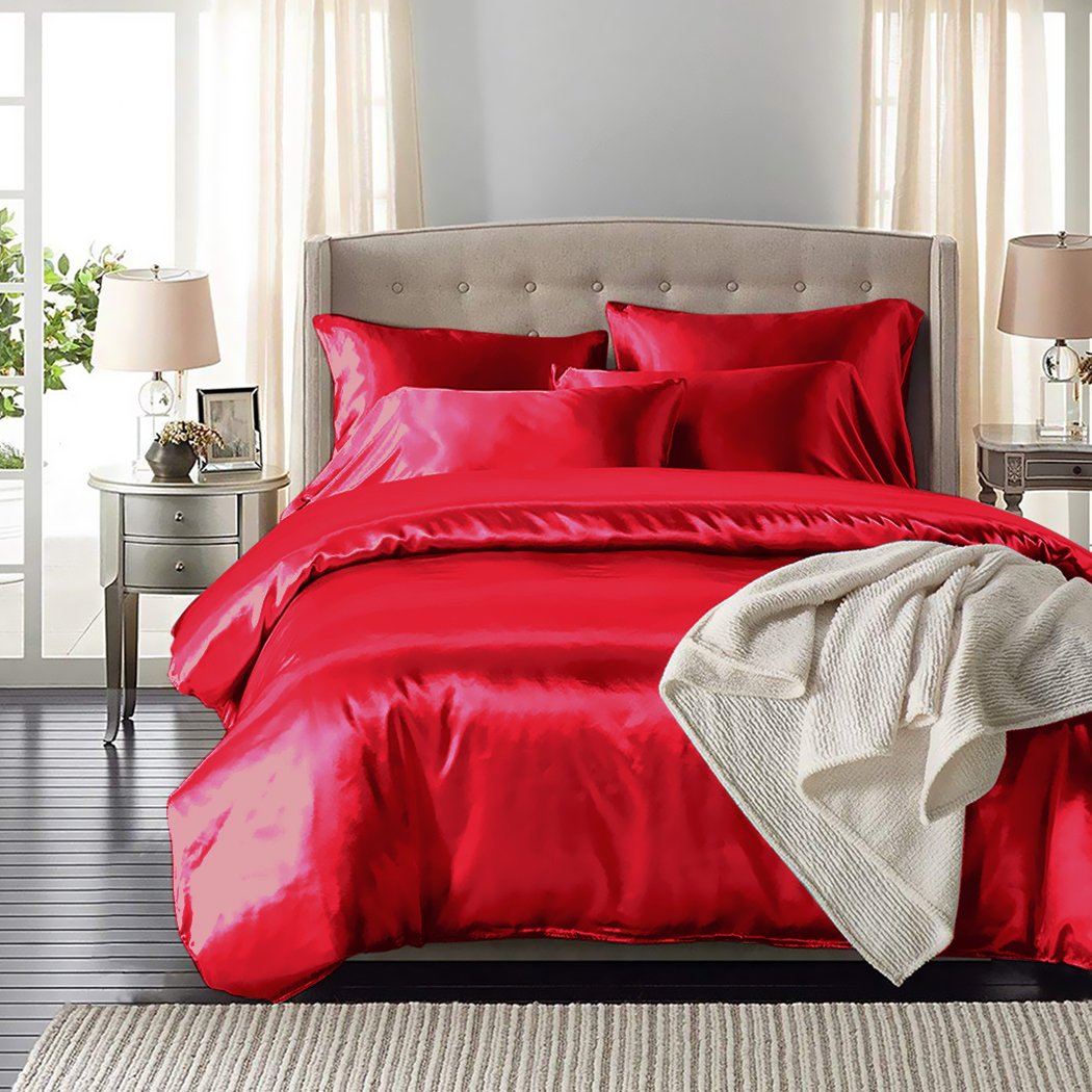 DreamZ Silk Satin Quilt Duvet Cover Set in Burgundy, featuring a smooth satin finish and elegant design, perfect for enhancing bedroom decor.