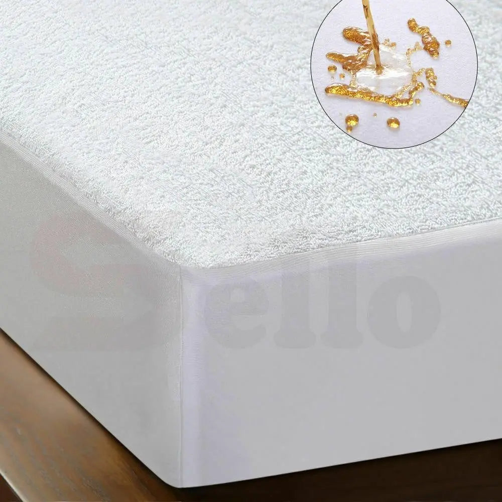 DreamZ Terry Cotton Fully Fitted Waterproof Mattress Protector showcasing its soft terry cover and waterproof design, ideal for mattress protection.