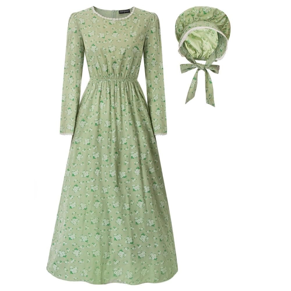 A vintage-inspired Pioneer Women Costume Colonial Dress featuring a beautiful print, ankle-length A-line silhouette, and full sleeves.