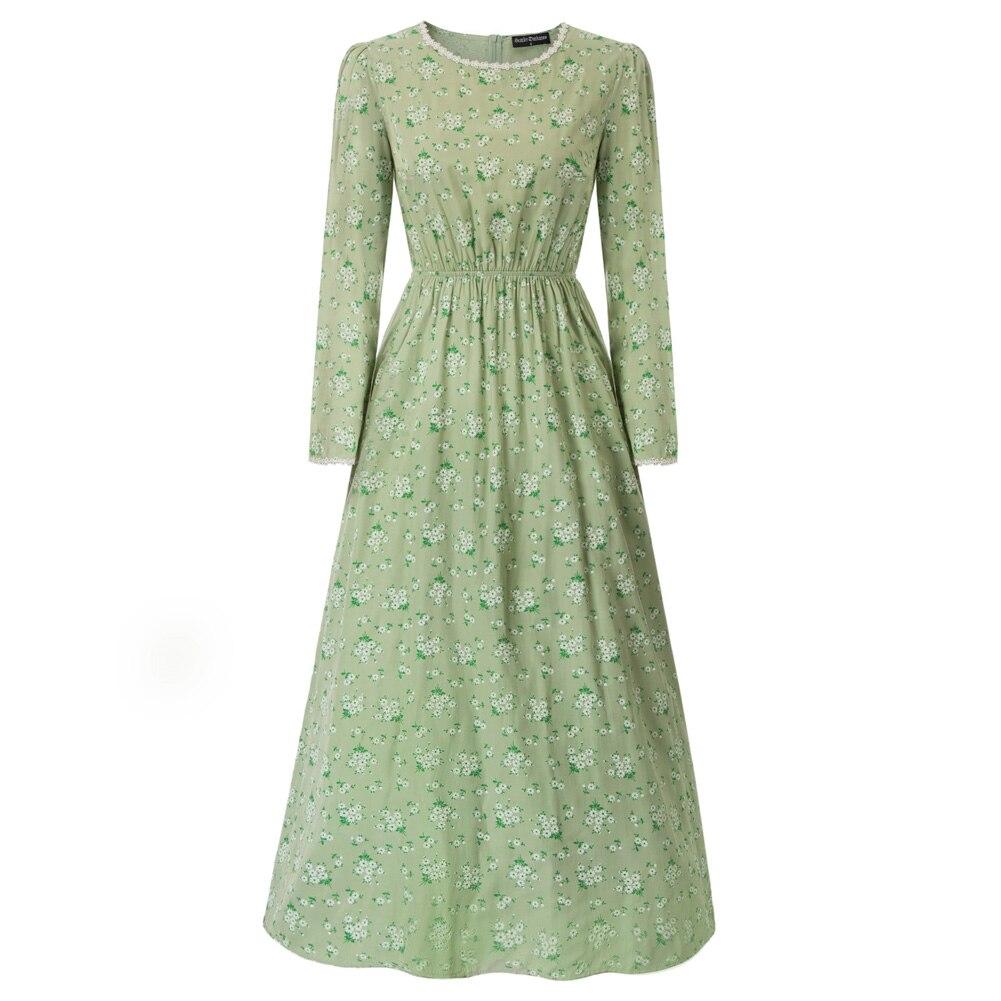 A vintage-inspired Pioneer Women Costume Colonial Dress featuring a beautiful print, ankle-length A-line silhouette, and full sleeves.