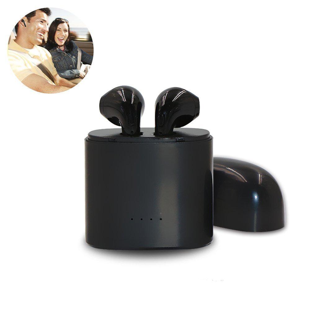 Dual Chamber Wireless Bluetooth Earphones in charging box, showcasing sleek design and compact size, available in white and black colors.