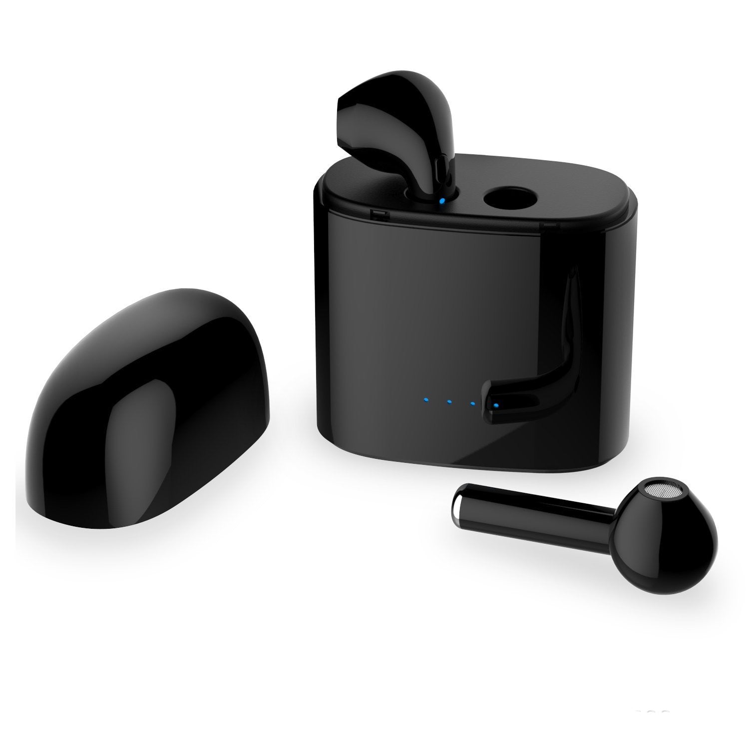 Dual Chamber Wireless Bluetooth Earphones in charging box, showcasing sleek design and compact size, available in white and black colors.