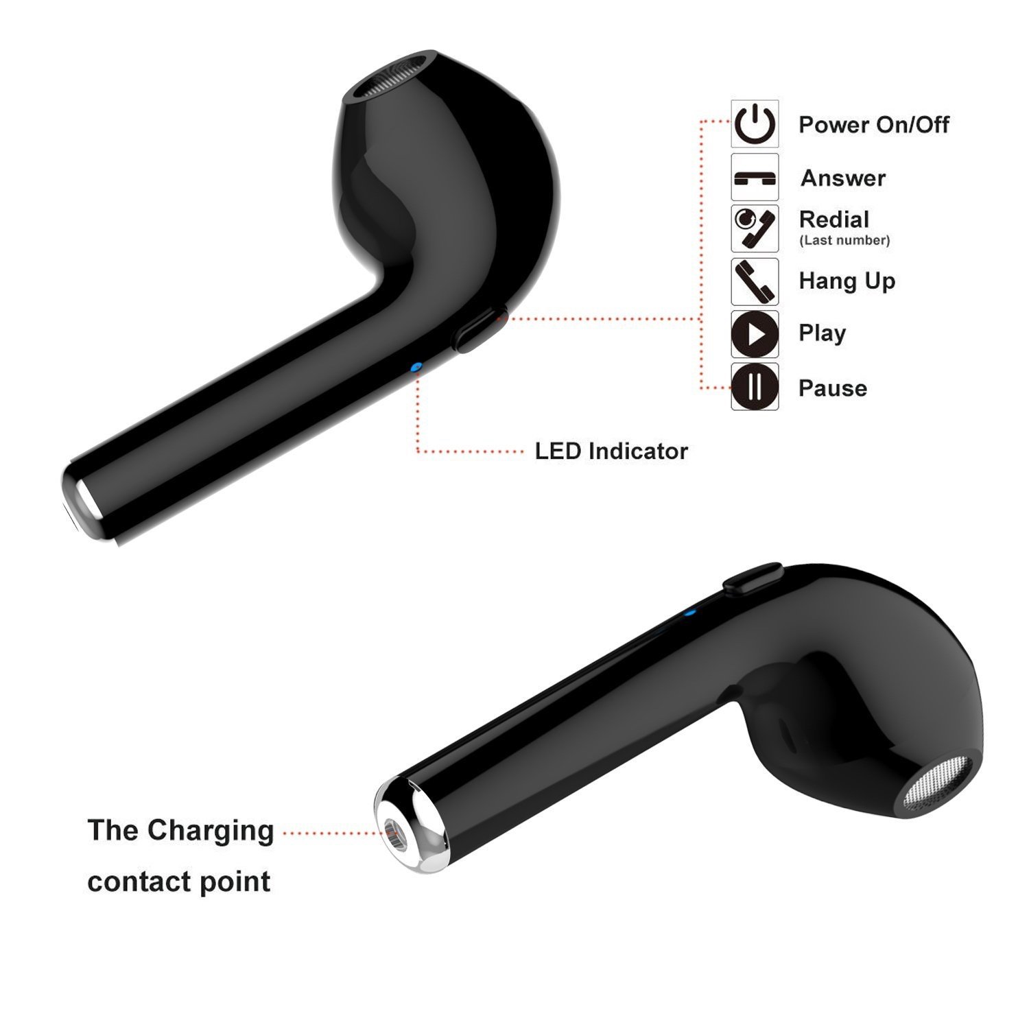 Dual Chamber Wireless Bluetooth Earphones in charging box, showcasing sleek design and compact size, available in white and black colors.