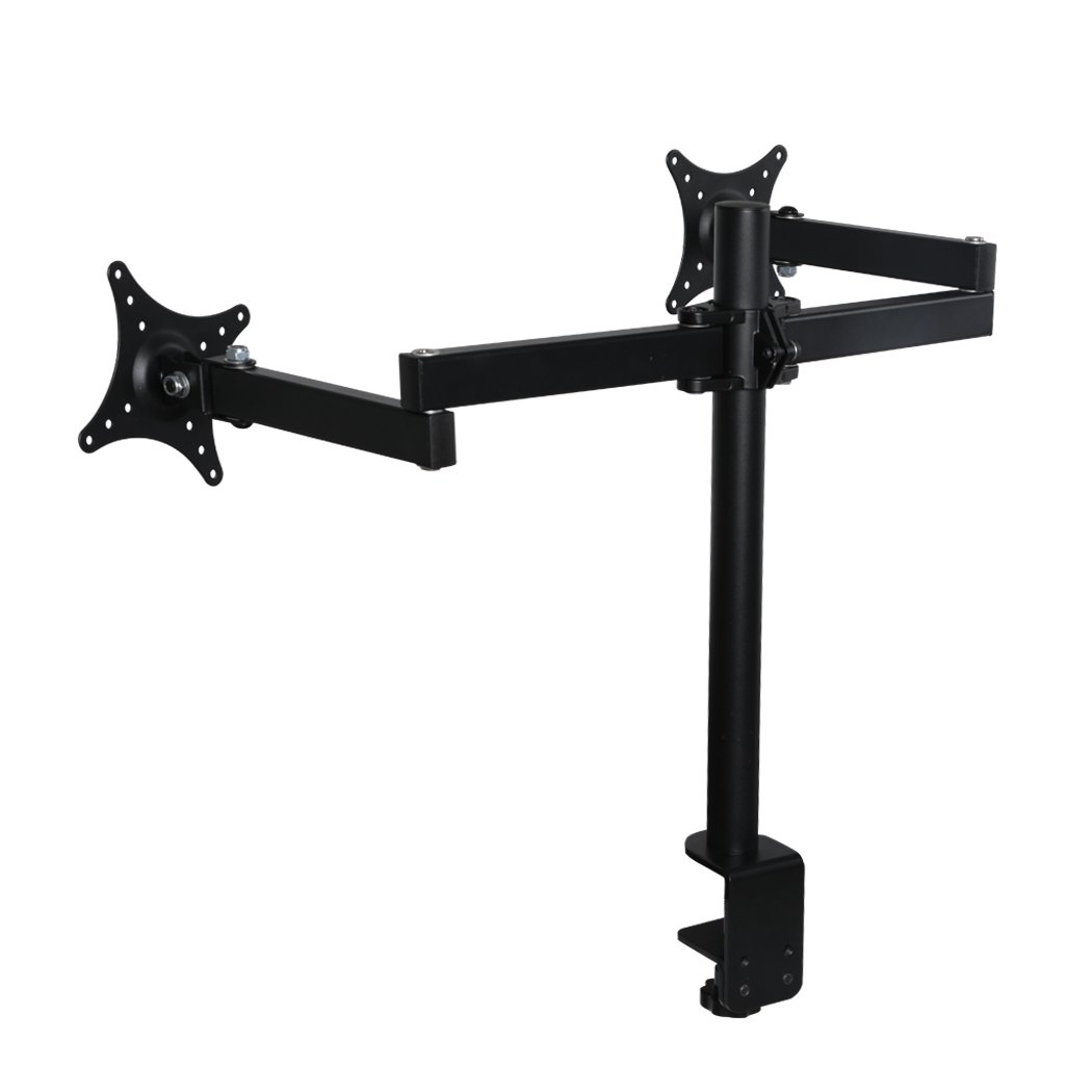 Dual HD LED Desk Mount Monitor Stand with two adjustable arms for LCD screens, showcasing ergonomic design and heavy-duty steel construction.