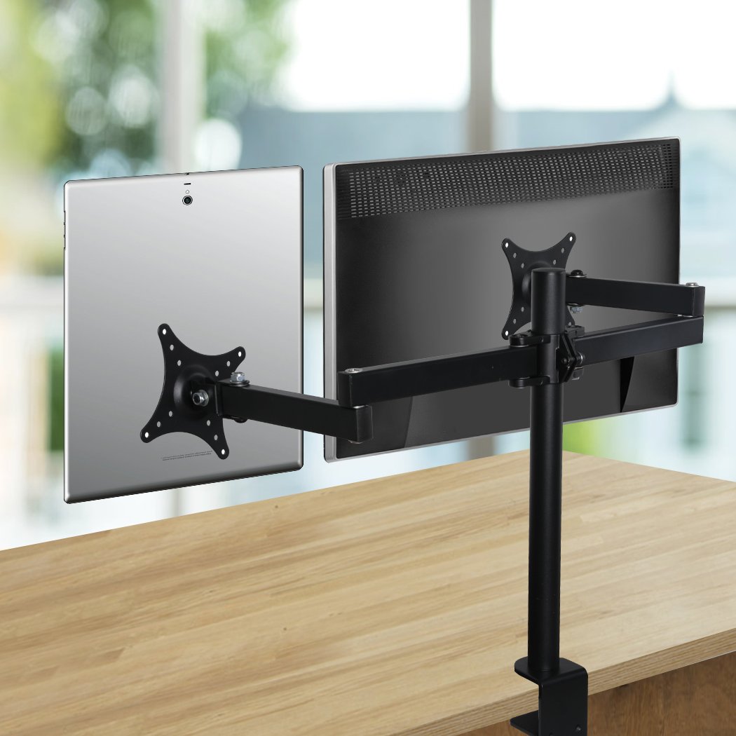 Dual HD LED Desk Mount Monitor Stand with two adjustable arms for LCD screens, showcasing ergonomic design and heavy-duty steel construction.