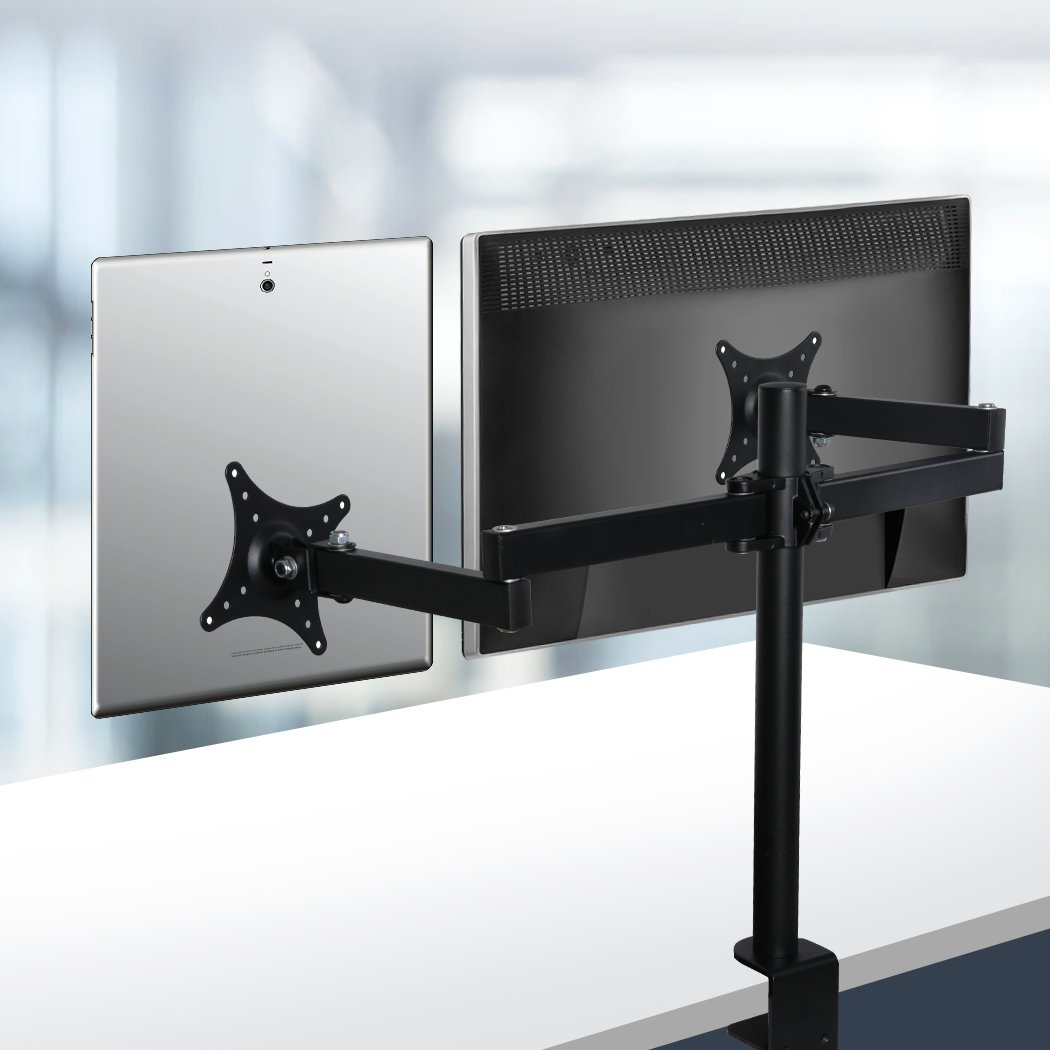 Dual HD LED Desk Mount Monitor Stand with two adjustable arms for LCD screens, showcasing ergonomic design and heavy-duty steel construction.