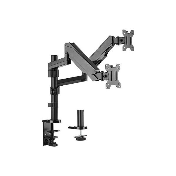 Dual Monitor Arm Gas Spring Monitor Bracket supporting two monitors, showcasing adjustable arms and cable management features.