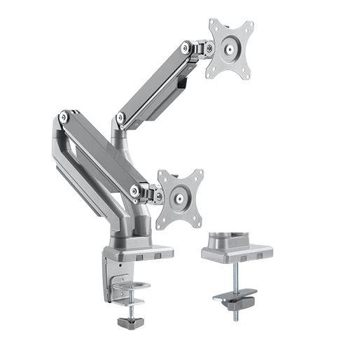 Dual Monitor Arm with Mechanical Spring, featuring sleek silver design and quick on/off VESA plate for easy monitor adjustments.