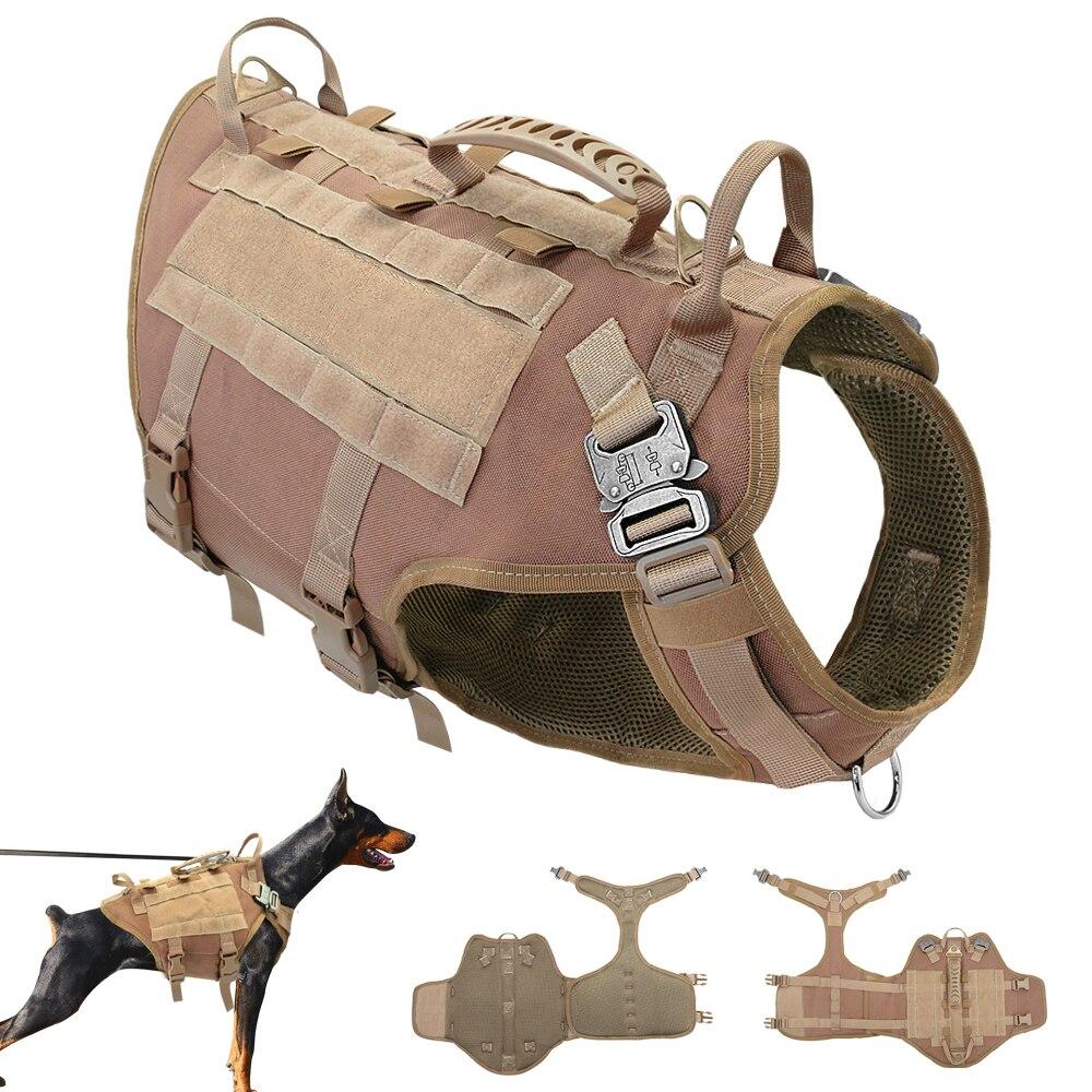 Durable nylon tactical dog harness in brown and black, designed for medium to large dogs, featuring padded support and quick-release buckles.