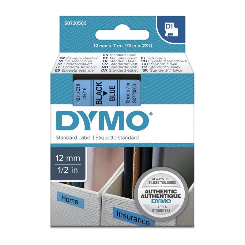 DYMO Black on Blue 12mmx7m Tape roll with clear labeling and vibrant colors.