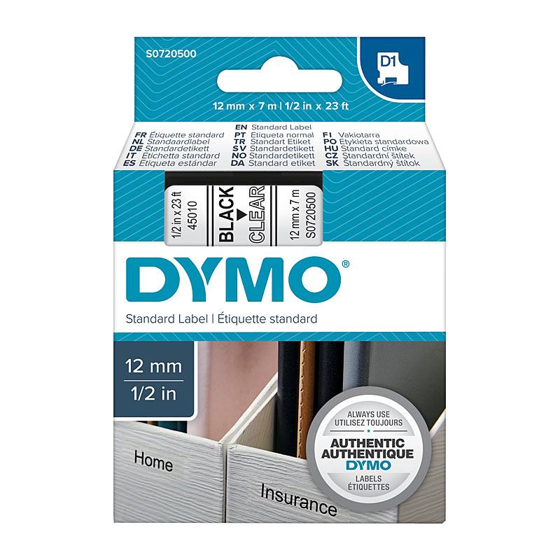 DYMO Black on Clear 12mmx7m Tape roll showcasing its clear background and black text, ideal for labeling.