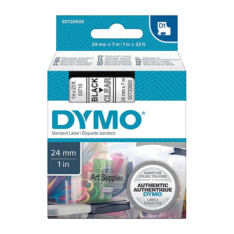 DYMO Black on Clear 24mmx7m Tape roll showcasing its clear background and black print.