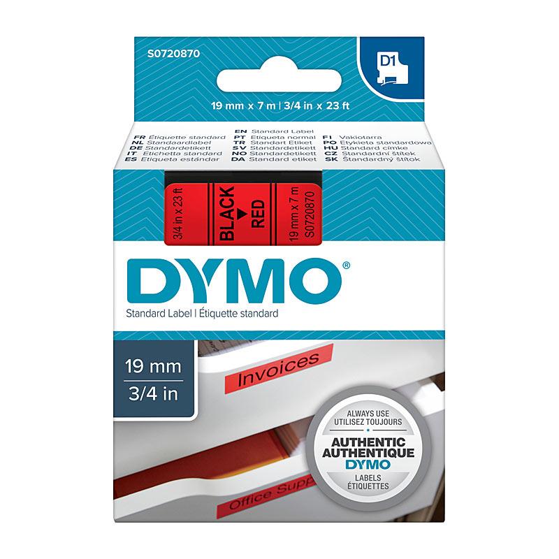 DYMO Black on Red 19mmx7m Tape roll showcasing vibrant black print on red background, ideal for labeling.