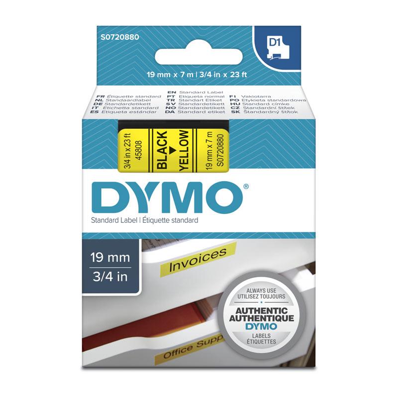 DYMO Black on Yellow 19mmx7m Tape roll showcasing vibrant yellow background with black text.