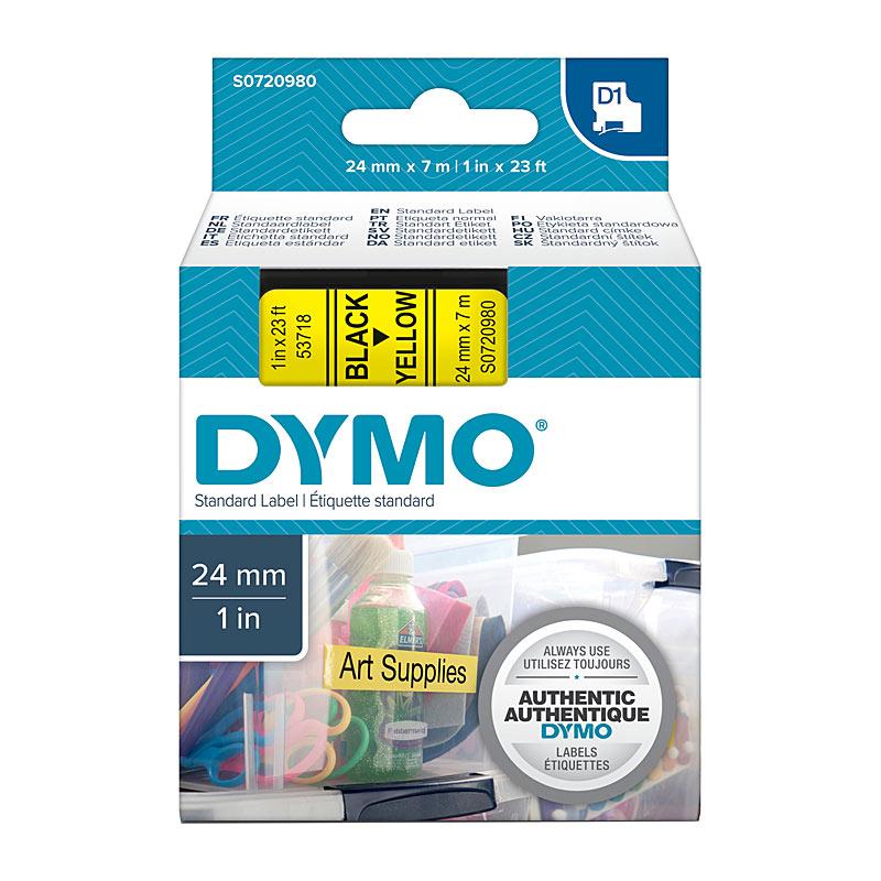 DYMO Black on Yellow 24mmx7m tape roll, showcasing vibrant yellow background with bold black text.