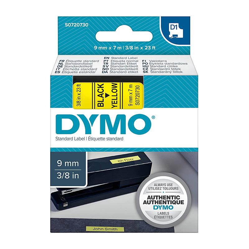 DYMO Black on Yellow 9mm x 7m Tape cartridge, showcasing vibrant yellow tape with bold black lettering.