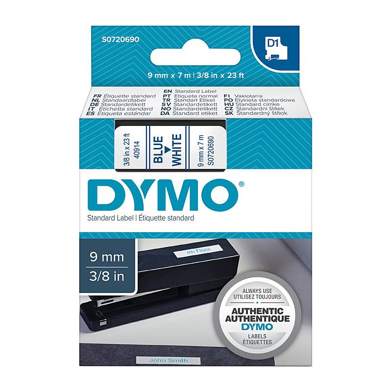 DYMO Blue on White 9mm x 7m Tape roll, showcasing its vibrant blue color and white background, ideal for labeling.