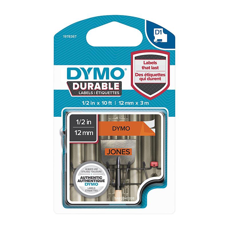 DYMO Dur Black on Orange labels, 12mm x 3m, ideal for POS stations.