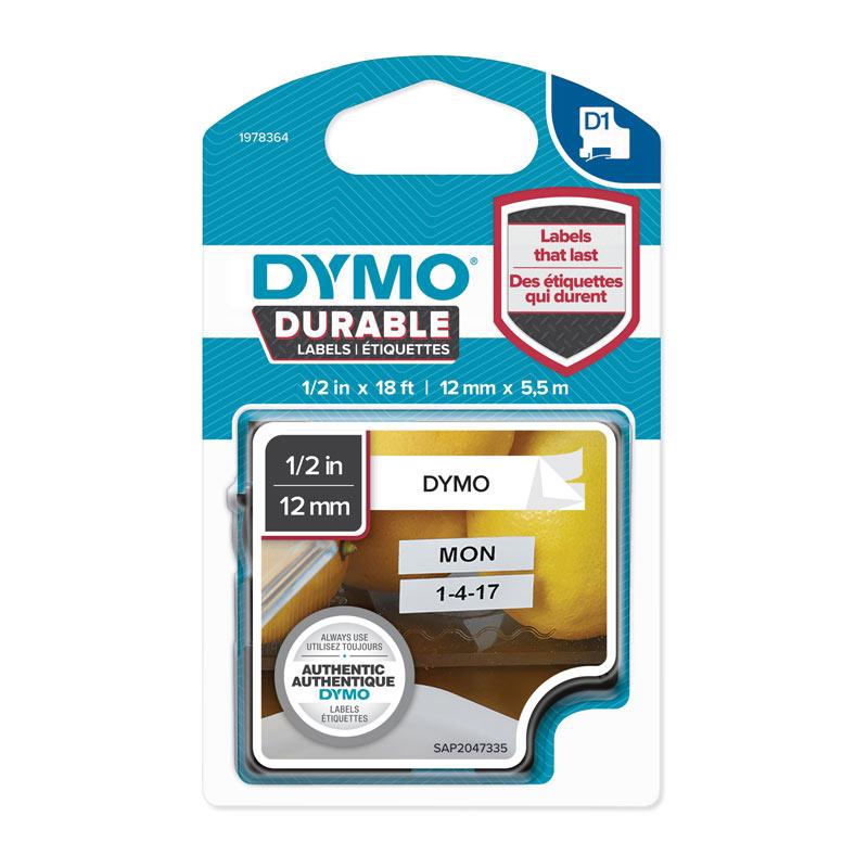 DYMO Dur Black on White labels, 12mm x 5.5m roll, ideal for POS stations.