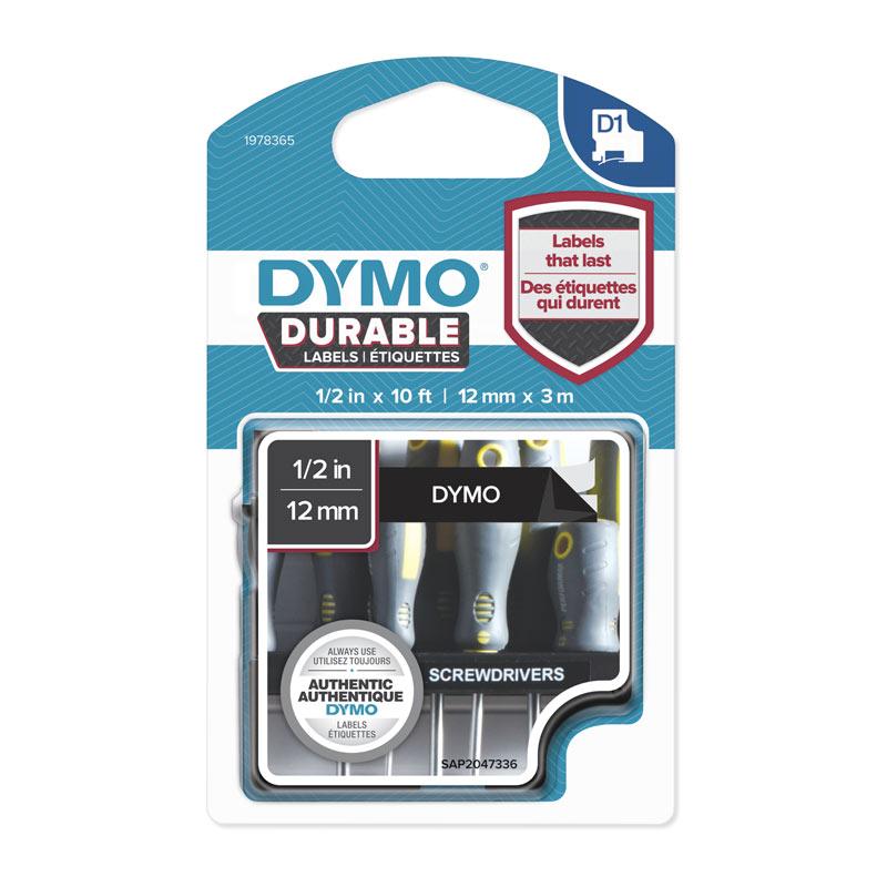 DYMO Dur White on Black label roll, 12mm x 3m, ideal for POS stations.