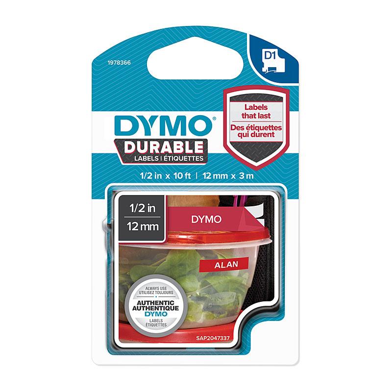 DYMO Dur White on Red 12mm x 3m labels roll, showcasing vibrant white text on a red background, ideal for POS stations.