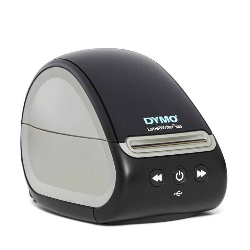 DYMO Label Writer Turbo Thermal Printer with labels, showcasing its compact design and automatic label recognition feature.