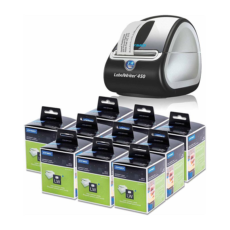 DYMO LabelWriter 450 Bundle with labels and printer, showcasing its compact design and user-friendly interface.