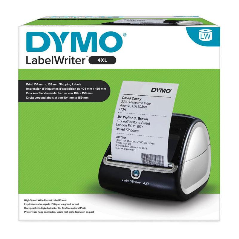 DYMO LabelWriter 4XL Printer with labels and USB connection, compact design for efficient labeling.