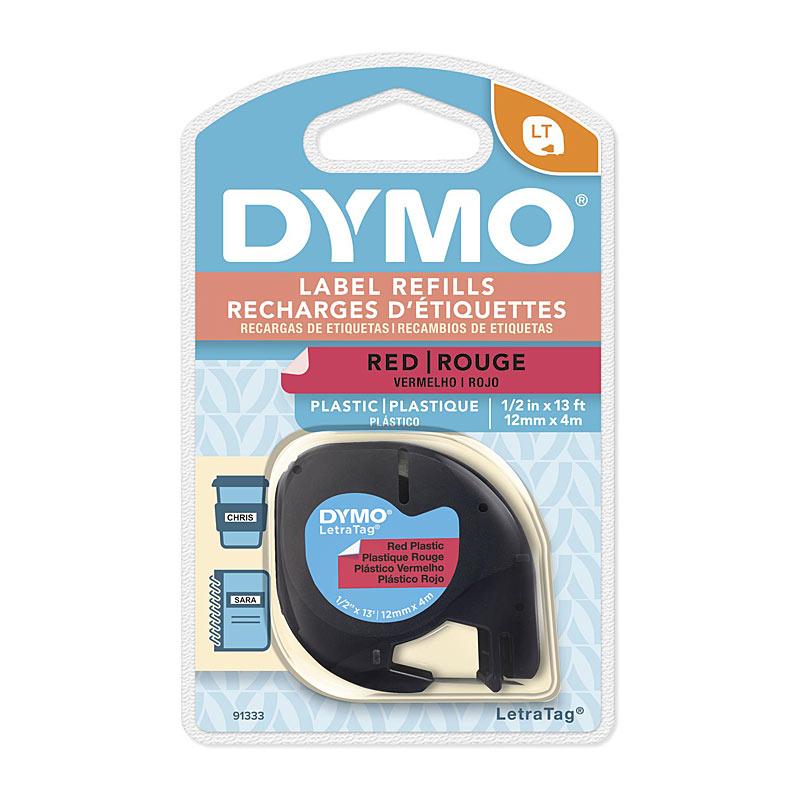 DYMO Light Plastic 12mm x 4m Red labels on a white background, showcasing vibrant red color and premium quality.