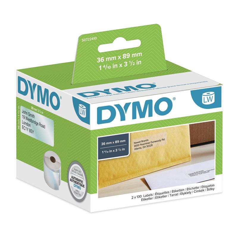 A pack of DYMO LW 36mm x 89mm clear labels, showcasing their premium quality and clear design for effective labeling.