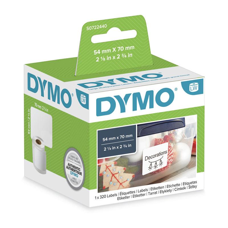 A pack of DYMO LW MP Labels measuring 54mm x 70mm, designed for POS stations, featuring high-quality adhesive and clear printing.