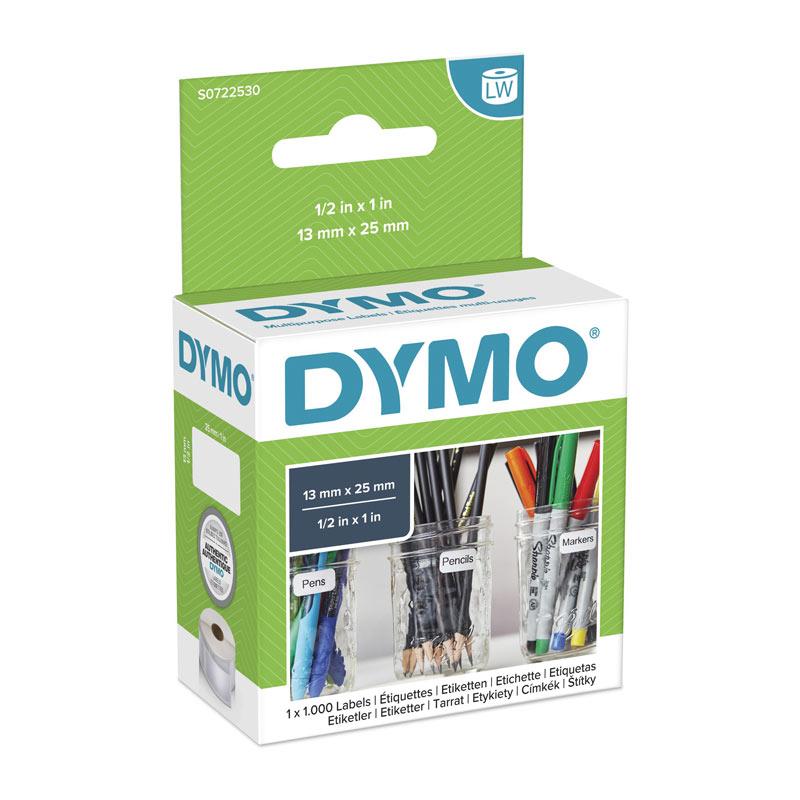 DYMO LW MultiLabel 13mm x 25mm labels on a roll, showcasing premium quality and compatibility with DYMO printers.