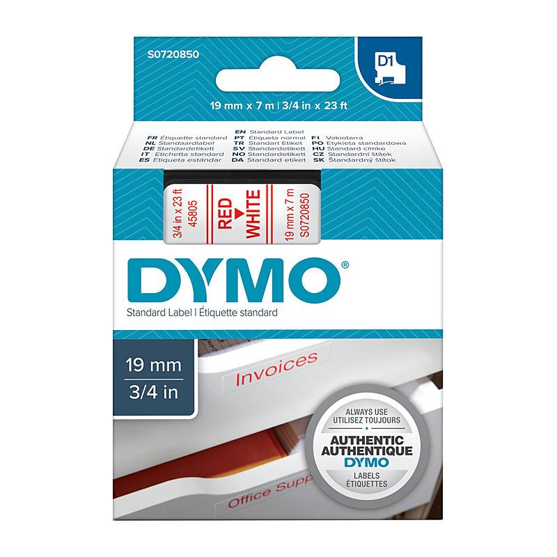 DYMO Red on White 19mmx7m Tape roll with clear labeling surface.