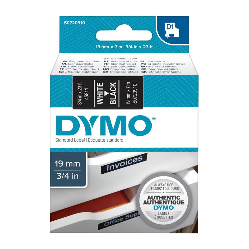 DYMO White on Black 19mmx7m Tape roll, showcasing premium quality and clear labeling.