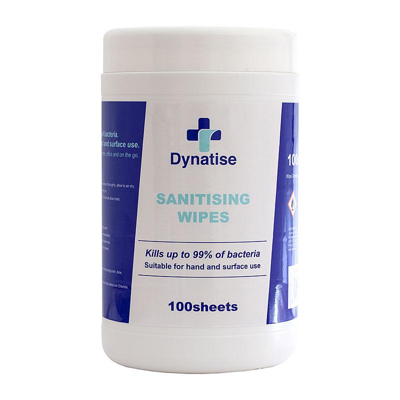 DYNATISE Sanitiser Wipes pack containing 100 sheets, ideal for cleaning and disinfecting surfaces.