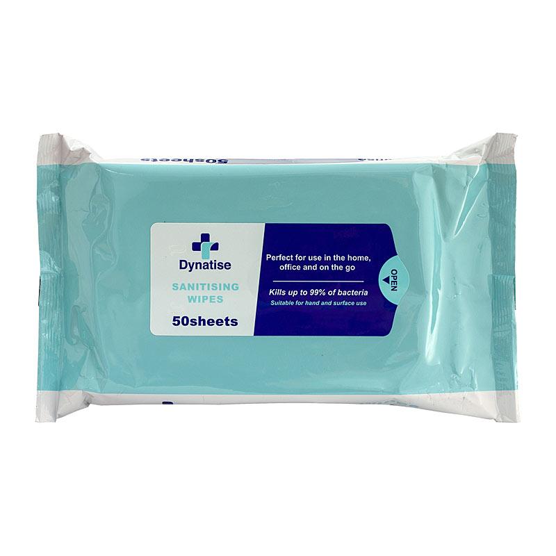 DYNATISE Sanitiser Wipes pack containing 50 sheets, designed for effective sanitization on-the-go.