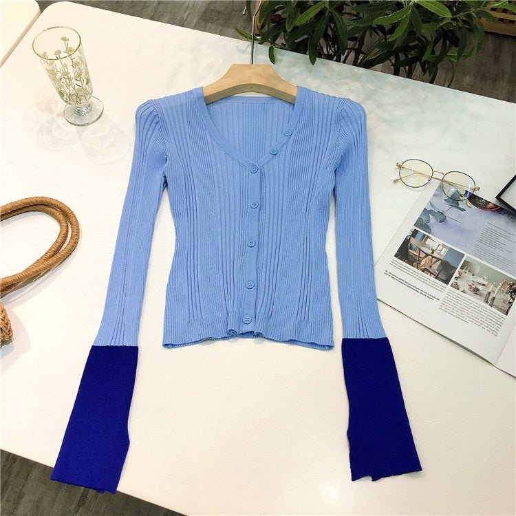 E Girl Spring Knit Cardigan featuring a stylish patchwork design, V-neck collar, and full-length sleeves, perfect for casual wear.