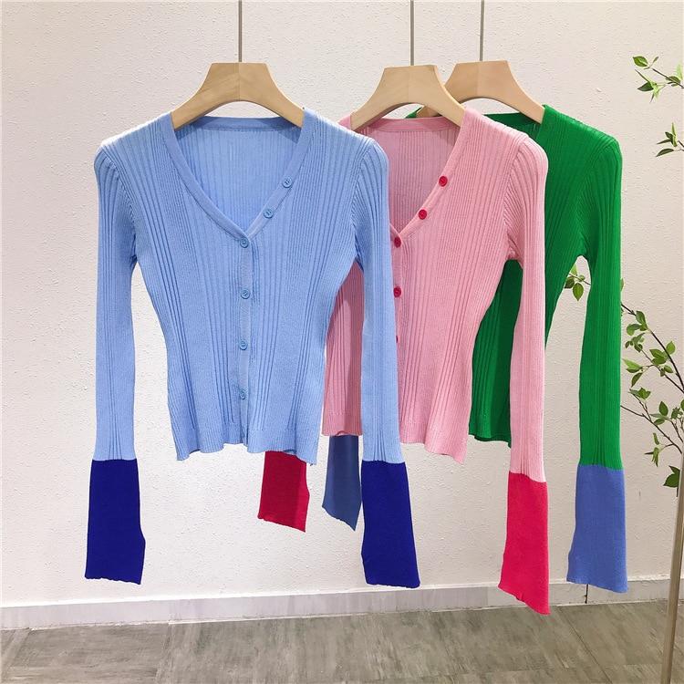 E Girl Spring Knit Cardigan featuring a stylish patchwork design, V-neck collar, and full-length sleeves, perfect for casual wear.