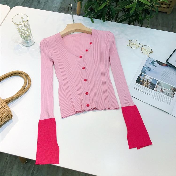 E Girl Spring Knit Cardigan featuring a stylish patchwork design, V-neck collar, and full-length sleeves, perfect for casual wear.