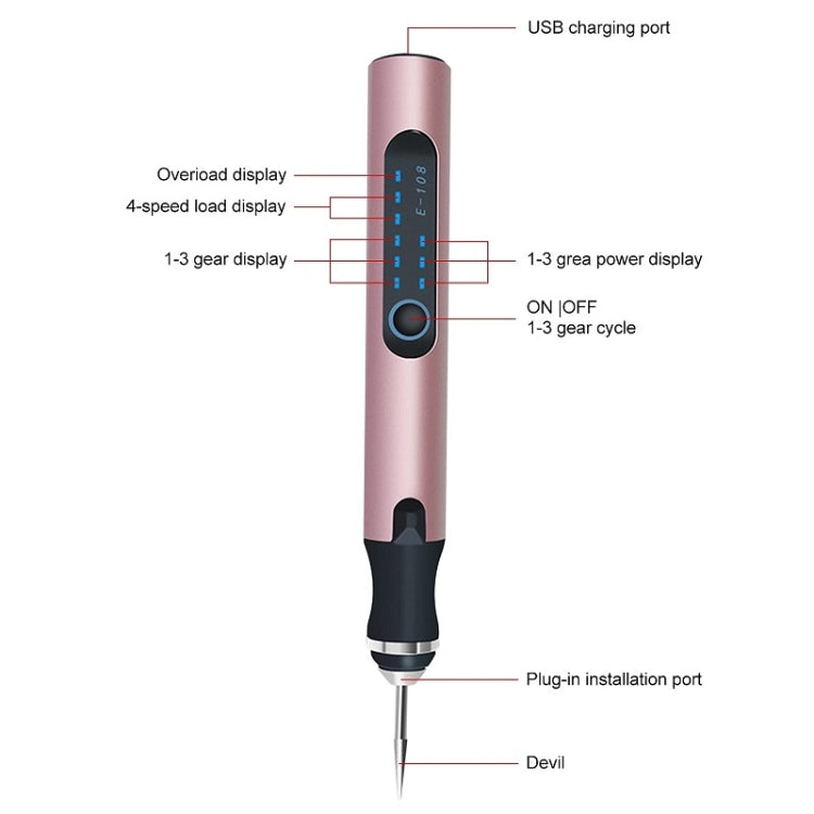 E108 Wireless Portable USB Rechargeable Mini Electric Drill with 59 accessories, showcasing its ergonomic design and LCD display.