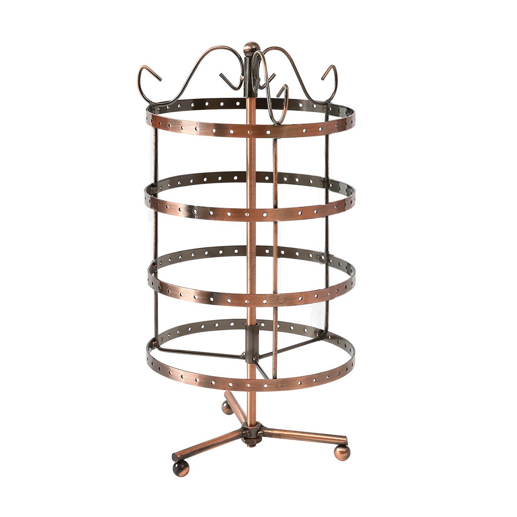 Antique-style earring holder stand with 4 tiers, capable of holding 72 pairs of earrings, featuring a bronze finish and 360° rotation.